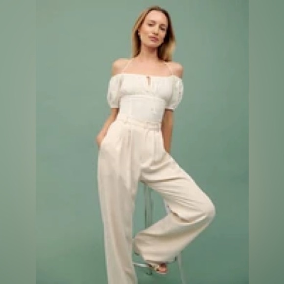 Reformation  Puff Sleeve Smocked Blouse Top in Cream Size 10 - Picture 12 of 15